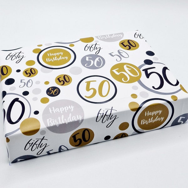 2 Sheets 50th Birthday Unisex Wrapping Paper Age 50 Birthday Black Gold and Silver Giftwrap for Male and Female (PA)