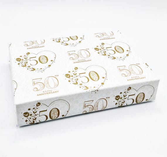 50th Golden Wedding Anniversary White Golden Hearts Elegant Design Wrapping Paper Unisex Male Female Wedding Gift Giftwrap (2 SHEETS)