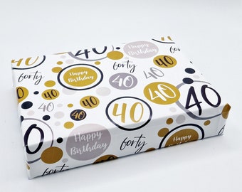 40th Birthday Wrapping Paper Age 40 Birthday Black Gold and Silver Unisex Giftwrap for Male and Female (2 SHEETS)