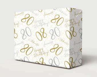 80th Birthday White Gold Silver Wrapping Paper Hooray Celebrate Age 80 Unisex Male Female Giftwrap (2 SHEETS)