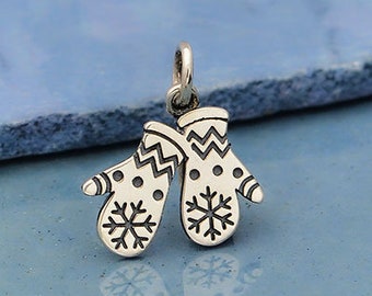 Sterling Silver Winter Christmas Mittens Charm with snowflake pattern, diy jewelry, add to your necklace or charm bracelet