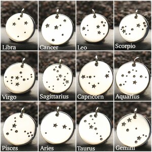 Zodiac Charms, sterling silver disc charm or pendant. Constellation Birthday Gift, Star sign, DIY jewelry image 2