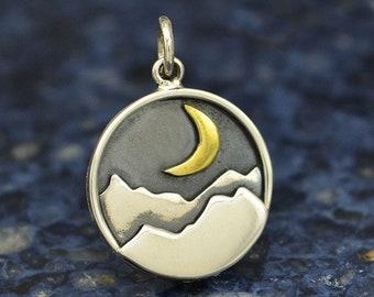 Mountain range with crescent moon pendant or charm- sterling silver- DIY Jewelry- Add to your necklace- Mountains