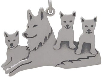 Sterling Silver Wolf or Dog Mama with Pups Charm, add to your bracelet or necklace, diy jewelry, German Shepard, Husky Puppies