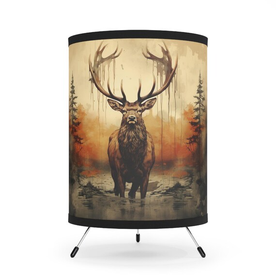 Majestic Elk Illustration Tripod Lamp | Printed Shade, Nature Woodland