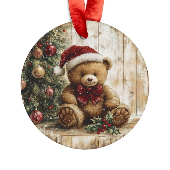 Christmas Teddy Bear Acrylic Ornament with Ribbon, Tree Decoration Holiday Gift, Xmas Ornament, Festive Decor, Santa Claus Decoration, Cute