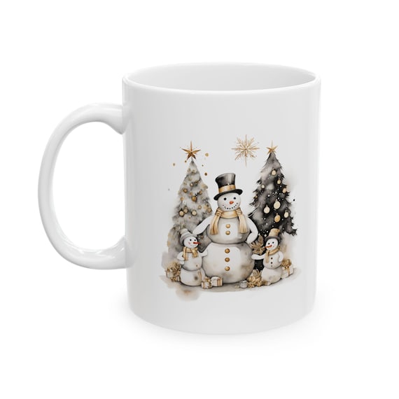 Ceramic Snowman Christmas Mug with Winter Tree Design, Holiday Gift, Coffee Cup, Home Decor, Festive Beverage Container