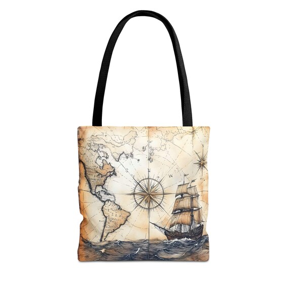 Vintage Nautical Map Ship Tote Bag | Old World Compass, Sailing Map Print