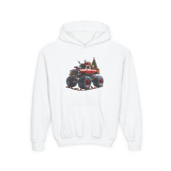 Santa and Reindeer Monster Truck Youth Hoodie | Christmas Truck Holiday