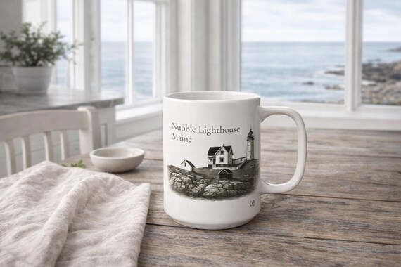 Nubble Lighthouse Maine Illustration Mug | Ceramic Coffee Cup 11oz 15oz