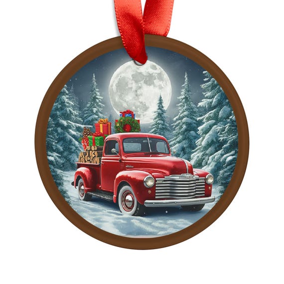 Acrylic Ornament, Vintage Truck Christmas Ornament with Ribbon, Holiday Tree Decoration, Winter Wonderland Decor, Full Moon Ornament,