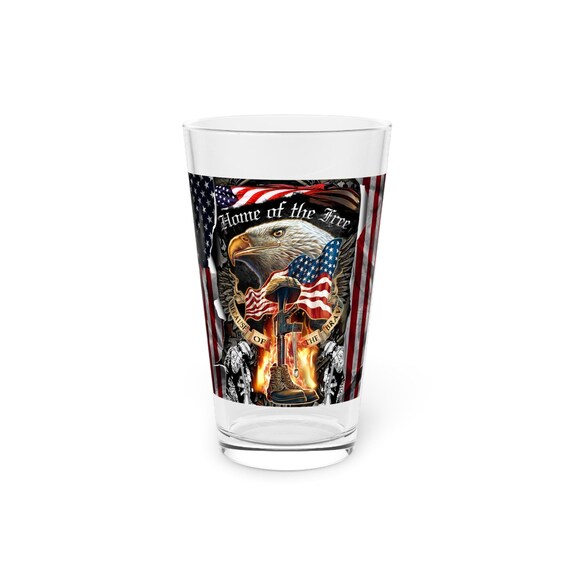 Pint Glass, 16oz patriotic veteran pint beer glass with flag & eagles gift ideas for military members and family outings or tailgating
