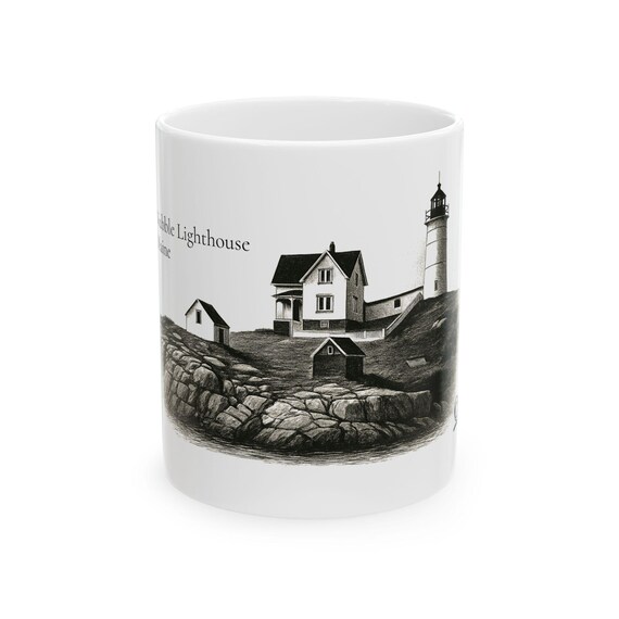Nubble Lighthouse Maine Illustration Mug | Ceramic Coffee Cup 11oz 15oz