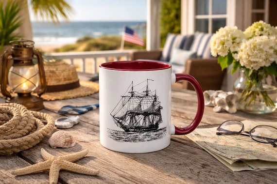 Nautical Sailing Ship Coffee Mug – Clipper Ship Mug – Coastal Nautical Coffee Cup – Sailboat Mug – Ocean Lover Gift – Maritime Decor