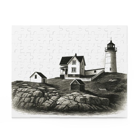 Nubble Lighthouse Sketch Puzzle 120-500pc | Coastal York Maine Nautical Jigsaw