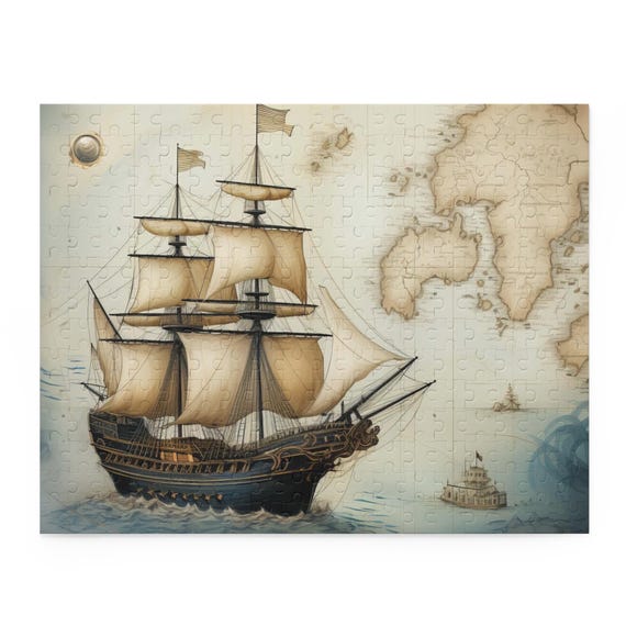 Jigsaw Puzzle Nautical Sailing Ship Vintage Look, 120, 252, 500-Piece for Adults and Kids, Sea Lover Gift, Relaxation Activity, Coastal Home