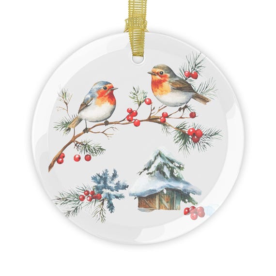 Glass Ornaments, Winter Bird Scene Holiday Tree Decoration - Christmas Baubles, Festive Home Decor, Tree Ornaments, Seasonal Decorations,