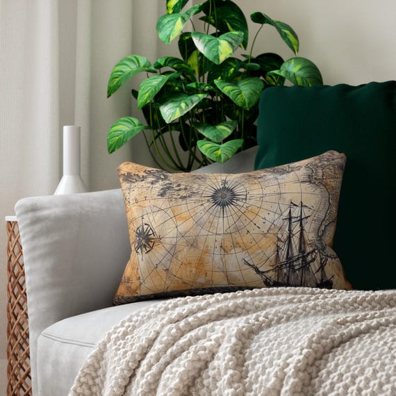 Vintage Nautical Map Lumbar Pillow - Maritime Decor, Boho Style, Living Room Accent, Travel Lover Gift, Nautical Home, Spun Polyester Pillow