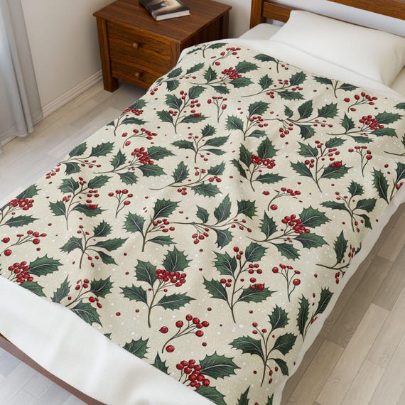 Holly Berries and Leaves Velveteen Plush Blanket | Christmas Botanicals Pattern