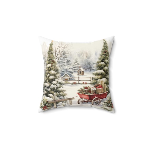Christmas-Themed Decorative Pillow, Cozy Home Decor, Winter Throw Pillow, Holiday Accent Cushion, Snowy Scene Pillow