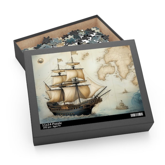 Jigsaw Puzzle Nautical Sailing Ship Vintage Look, 120, 252, 500-Piece for Adults and Kids, Sea Lover Gift, Relaxation Activity, Coastal Home