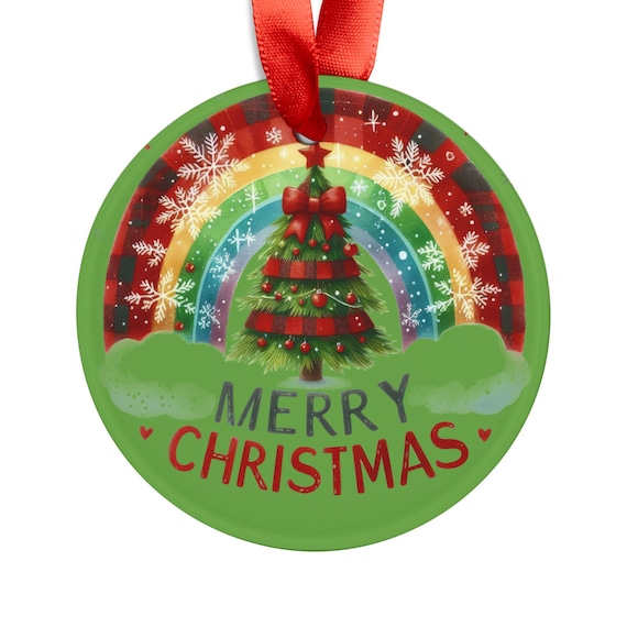 Christmas Acrylic Ornament, Rainbow Kitty Tree Decoration, Holiday Tree Bauble Cat Lover Gift, Xmas Hanging Decor, Festive Ribbon Hanger,