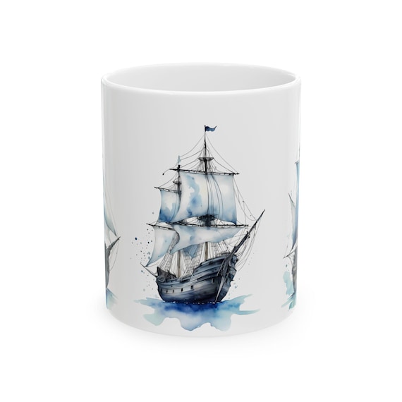 Nautical Adventure Ceramic Mug, Ship Lover's Coffee Cup, Watercolor Boat Mug, Gift for Sailors and Ocean Enthusiasts, Marine Decor