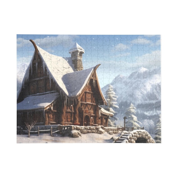 Snowy Cabin Landscape Puzzle 500-Piece | Winter Cottage Jigsaw