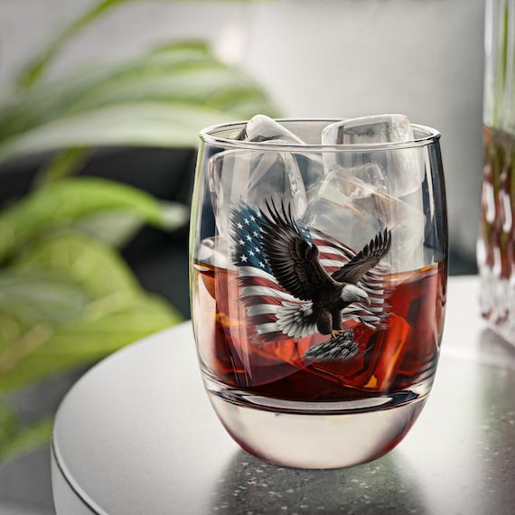 Whiskey Glass, Patriotic Whiskey Glass, Eagle Flag Drinking Glass, Veteran Gift, 6oz Glassware