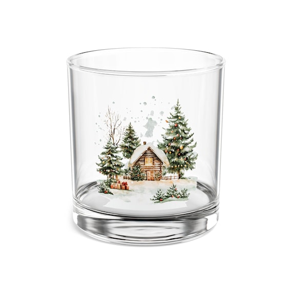 Snowy Cabin Scene Rocks Glass | 10oz Holiday Whiskey Glass