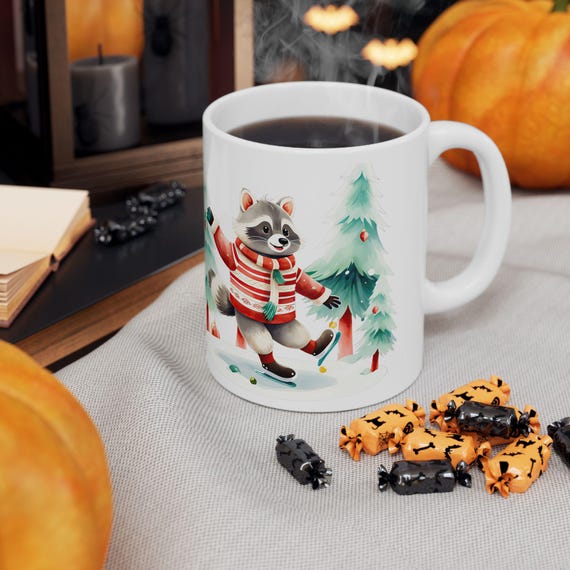Raccoon in Sweater Winter Scene Mug | Christmas Tree Holiday Coffee Cup