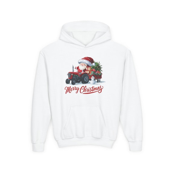 Santa Driving Red Tractor Hoodie | Merry Christmas Youth Sweatshirt, Believe Train Back