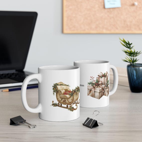 Christmas Holiday Ceramic Mug, Festive Sled and Presents Coffee Cup, Xmas Drinkware Gift, Winter Season Tea Mug, Hot Cocoa Cup, Holiday Gift