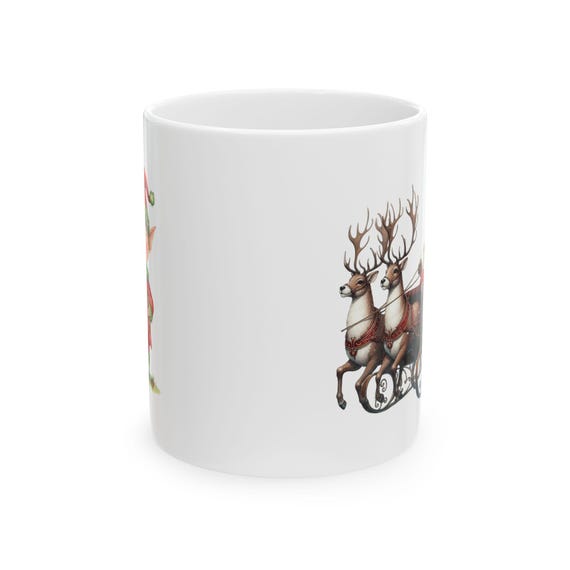 Vintage Reindeer Sleigh Christmas Ceramic Mug | Holiday Floral Sleigh