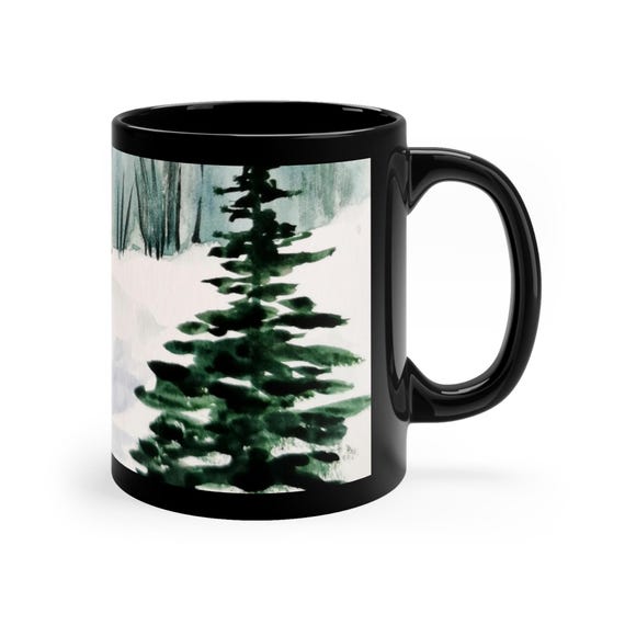 Winter Cozy Morning Black Coffee Mug | Snowy Cabin Scene