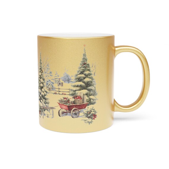 Christmas Metallic Mug (Silver-Gold) with Winter Scene, Holiday Coffee Cup, Festive Drink ware, Seasonal Hot Cocoa Mug, Xmas Gift Idea