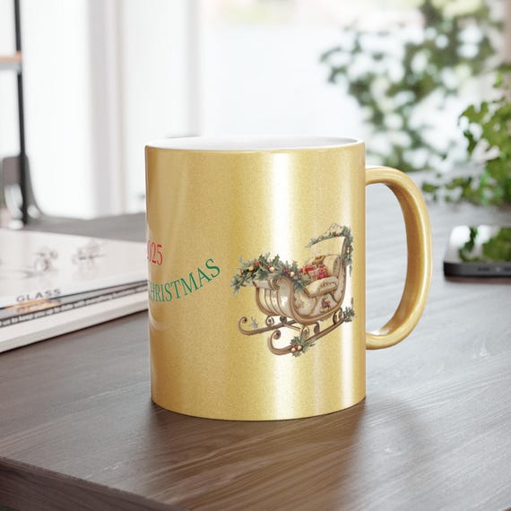 2025 Merry Christmas Metallic Mug | Holiday Gift | Sleigh Design | Festive Drinkware | Unique Christmas Present, Silver, Gold