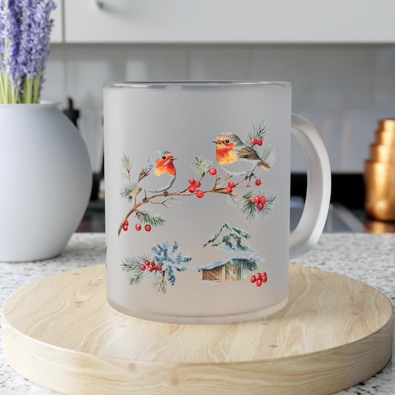 Christmas Santa Frosted Glass Mug, Holiday Birds Coffee Cup, Winter Festive Drinkware, Xmas Gift Idea, Kitchen Decor