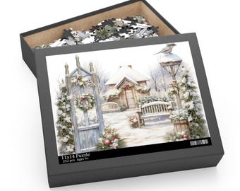 Puede incluir: Caja de rompecabezas abierta que muestra una escena invernal con una cabaña nevada, un banco y un pájaro. El rompecabezas mide 28 x 35 cm, tiene 252 piezas y es adecuado para mayores de 9 años.