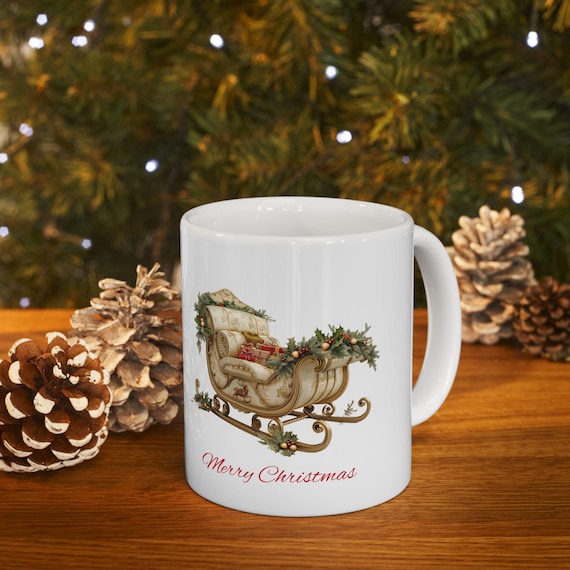 Christmas Sled Ceramic Mug, Holiday Coffee Cup, Merry Christmas Mug with Festive Design, Christmas Gift Mug, Holiday Decor Mug