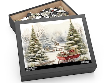 Puede incluir: Un rompecabezas de 120 piezas en caja con una escena invernal. La imagen muestra un paisaje nevado con árboles de Navidad, un carro rojo y una pequeña casa. La caja indica "8x10 Puzzle" y "Ages 9+".