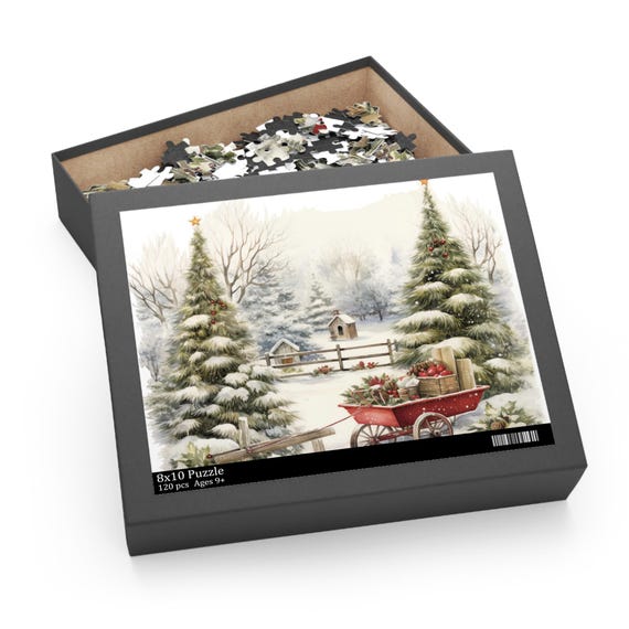 Christmas Winter Scene Puzzle (120, 252, 500-Piece) - Wagon and Trees, Holiday Jigsaw, Relaxing Family Activity, Festive Snowy Landscape,