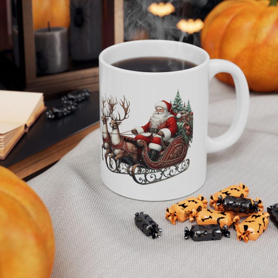 Vintage Reindeer Sleigh Christmas Ceramic Mug | Holiday Floral Sleigh