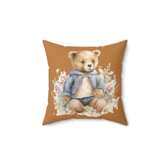 Vintage Teddy Bear Pillow, Nursery Decor, Brown Floral Cushion, Square Pillow, Spun Polyester Pillow, Decorative Throw Pillow