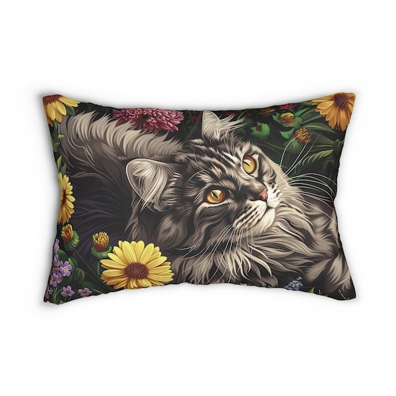 Cat Floral Lumbar Pillow | Cozy Home Decor, Pet Lover Gift, Cute Cat Pillow, Living Room Accent, Cat-Themed Gift