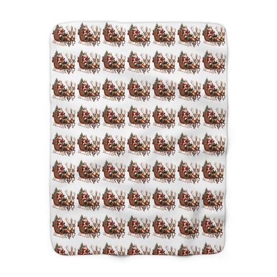 Vintage Santa Basket pattern Sherpa Blanket | Christmas holiday throw