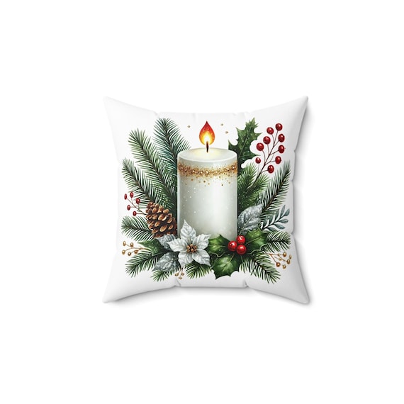 Christmas Spun Polyester Square Pillow - Holiday Decoration Candle Evergreens Gift Home Decor, Cushion Throw, Festive Xmas Accent, Winter