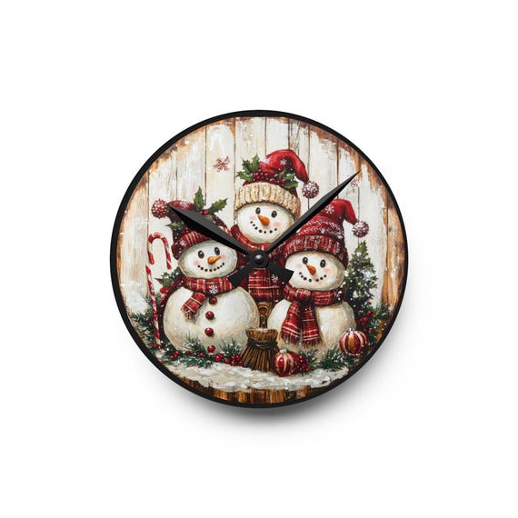Three Snowmen Christmas Acrylic Wall Clock | Holiday Winter Decor
