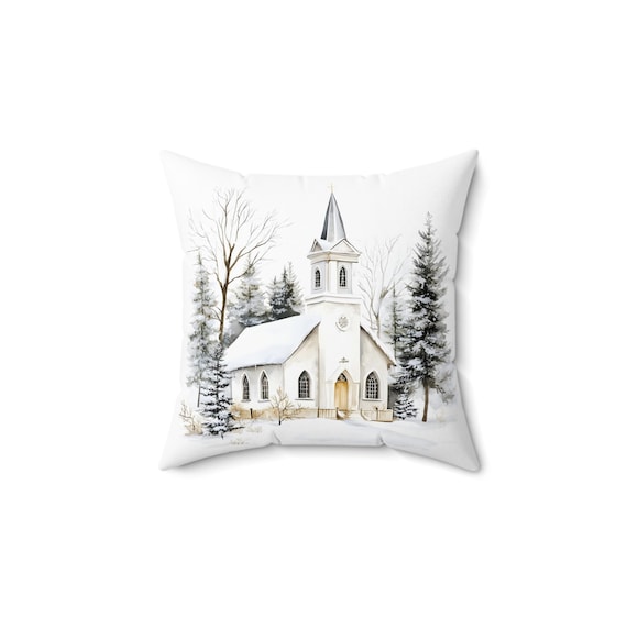 Snowy Church Winter Scene Pillow | Christmas Cabin Decor, Cozy Holiday Throw Pillow