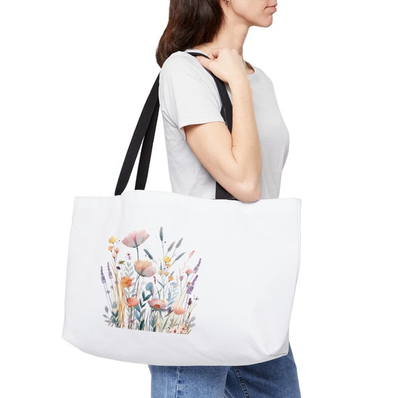 Weekend Tote Bag Wild Flowers on both sides of bag. Large summer bag to carry moms gift